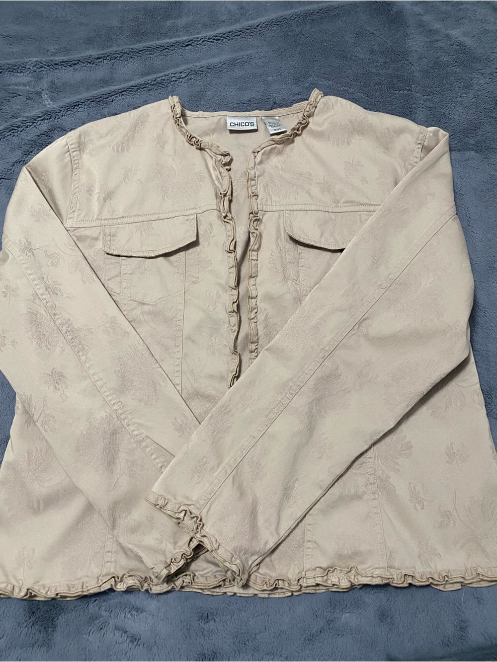 Chico's Cream Ruffle-Trim Button Front Jacket
